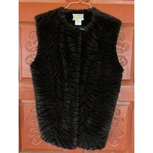 VTG Duffel Outdoor Faux Fur Vest Sleeveless Black Charcoal Animal Print Sz Small